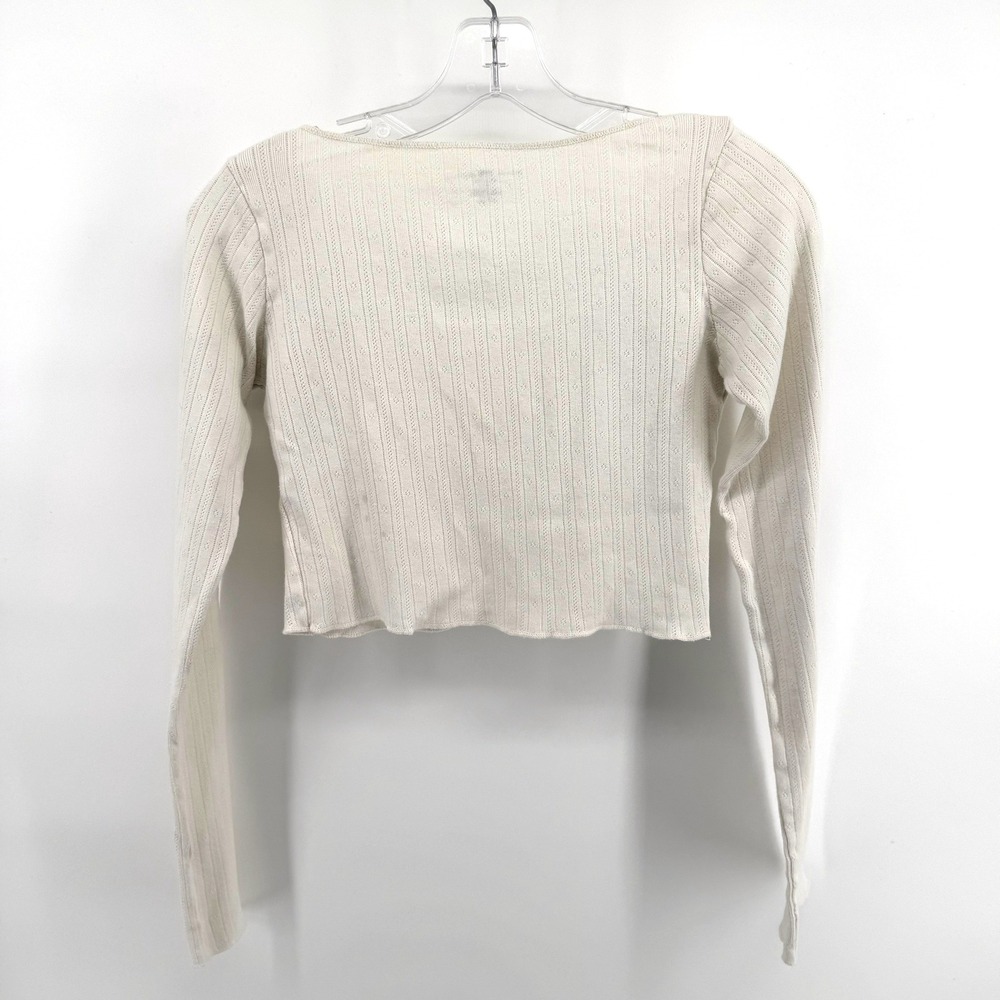 Brandy Melville Pointelle Crop Top Womens OS Cream Long Sleeve Scoop Neck Basic - Picture 2 of 7